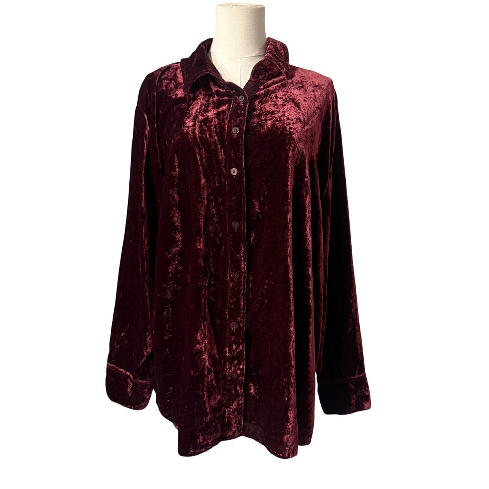 Lane Bryant Burgundy Crushed Velvet Button Down Shirt 18 Long Sleeve Holiday